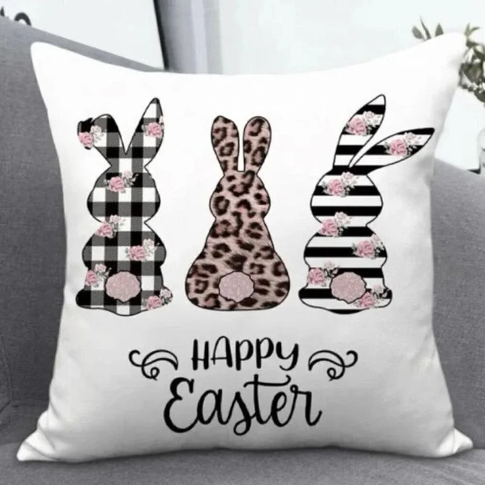 Seasonal Pillow Cover Easter Bunny Rabbit Zip Closure 17.7 In Square Black White
